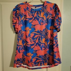 Floral Puff Sleeve Top - Blue and Pink